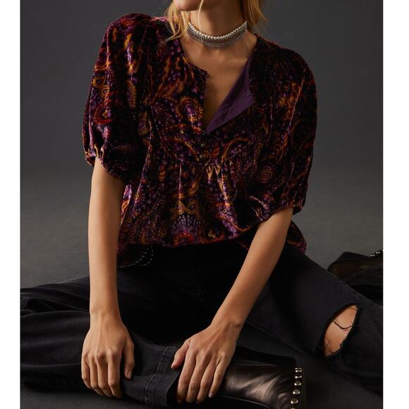 NWT Anthropologie Puff-Sleeve Velvet Peasant Blouse - XS - Picture 1 of 5